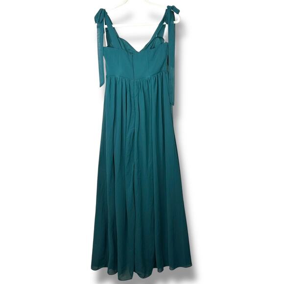 Lulus NWOT Radiant Charisma Emerald Chiffon Ruched Tie-Strap Maxi Dress Medium - Picture 7 of 10